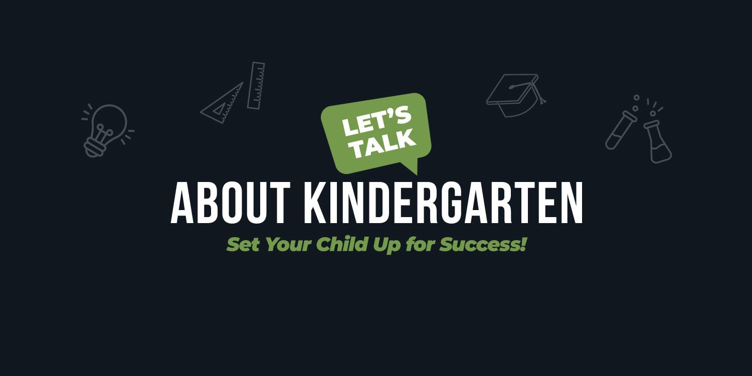 Let's Talk About Kindergarten graphic with school icons.